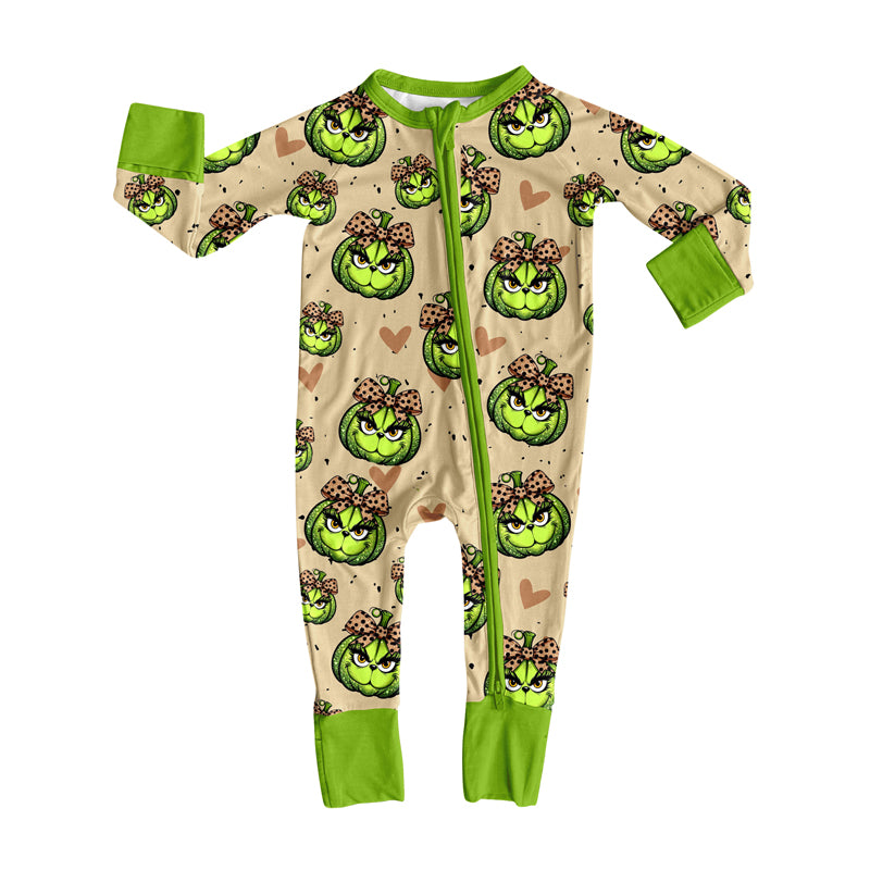 Preorder(moq 5)Baby Infant Boys Long Sleeves Green Face Pumpkins Christmas Zipper Rompers