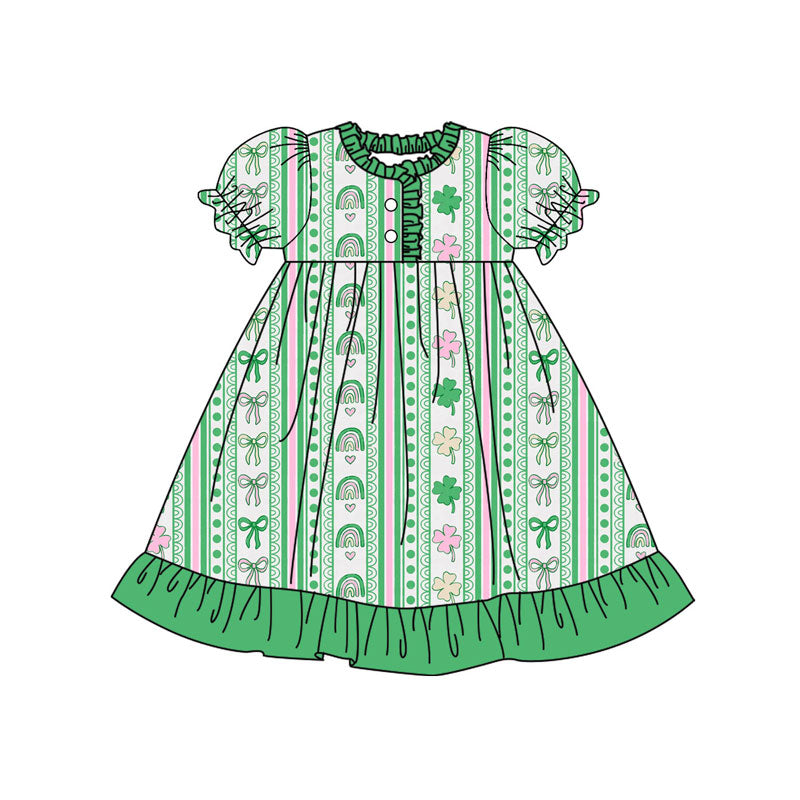 Preorder (moq 5)Baby Girls Green Clovers Stripe Button Ruffle St Patrick Knee Length Dresses