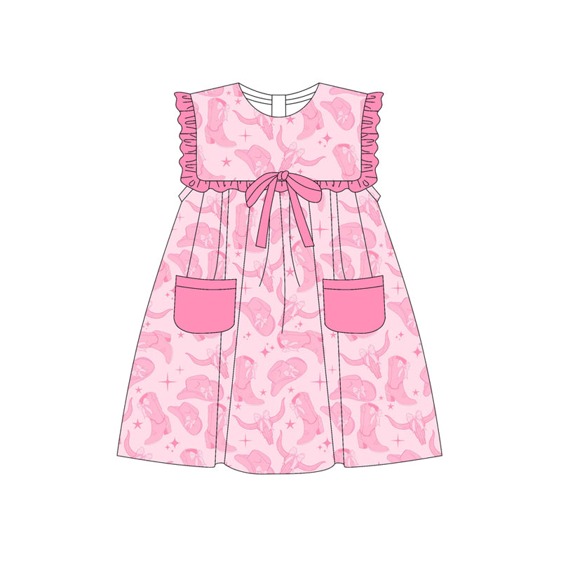Preorder (moq 5)Baby Girls Pink Sleeveless Boots Bull Skulls Pockets Knee Length Dresses