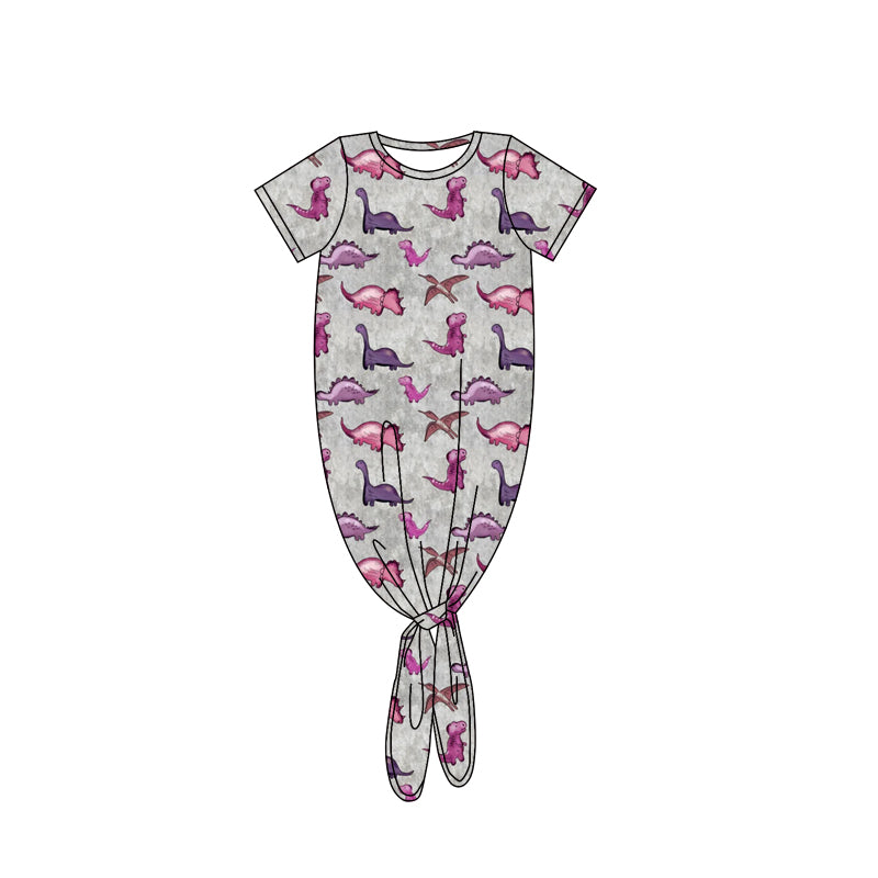 Preorder(moq 5)Baby Kids Gray Short Sleeves Pink Purple Dinosaurs Gowns