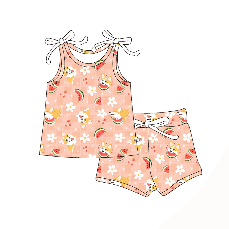 Preorder moq 5 Baby Girls Bows Sleeveless Dogs Watermelon Top Short Set