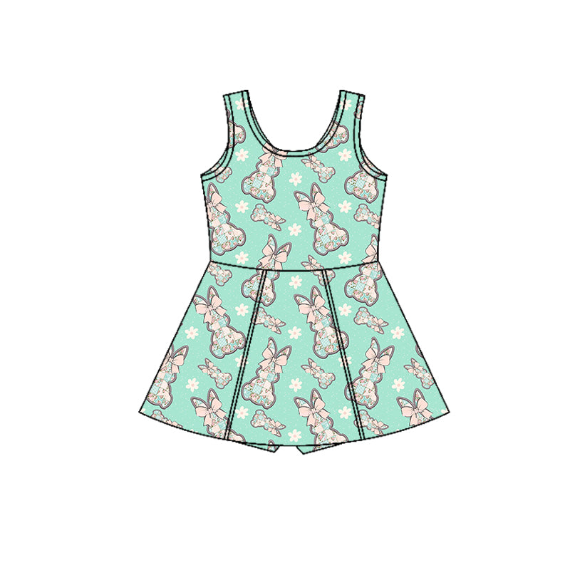 Preorder (moq 5)Baby Girls Sleeveless Flowers Rabbits Shorts Easter Knee Length Dresses