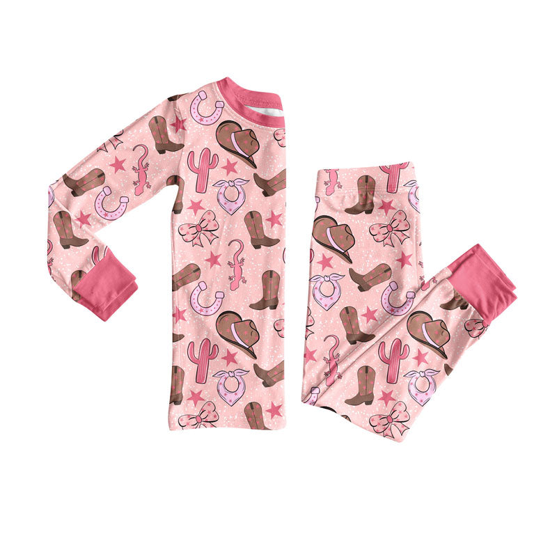 Preorder(moq 8)Baby Girls Hats Boots Cactus Stars Top Pants Western Pajamas Sets