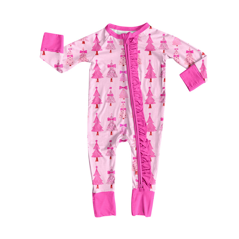 Preorder(moq 5)Baby Girls Christmas Pink Trees Zipper Footie Rompers