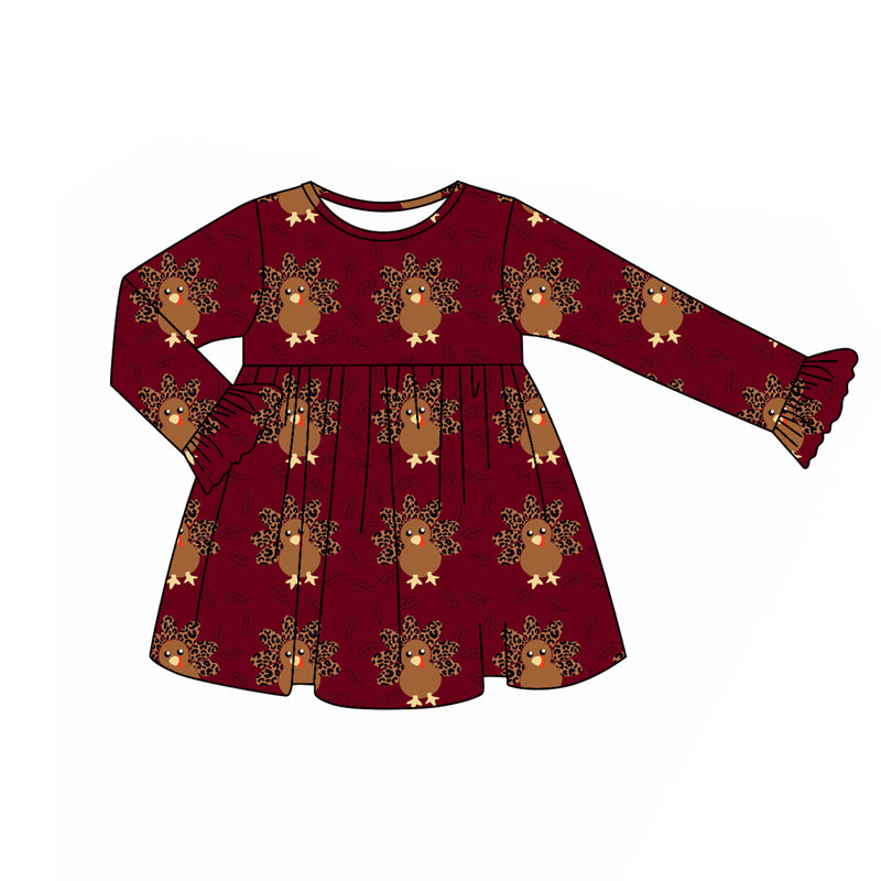 Preorder (moq 5)Baby Girls Long Ruffle Sleeves Leopard Turkey Plaid Knee Length Dresses