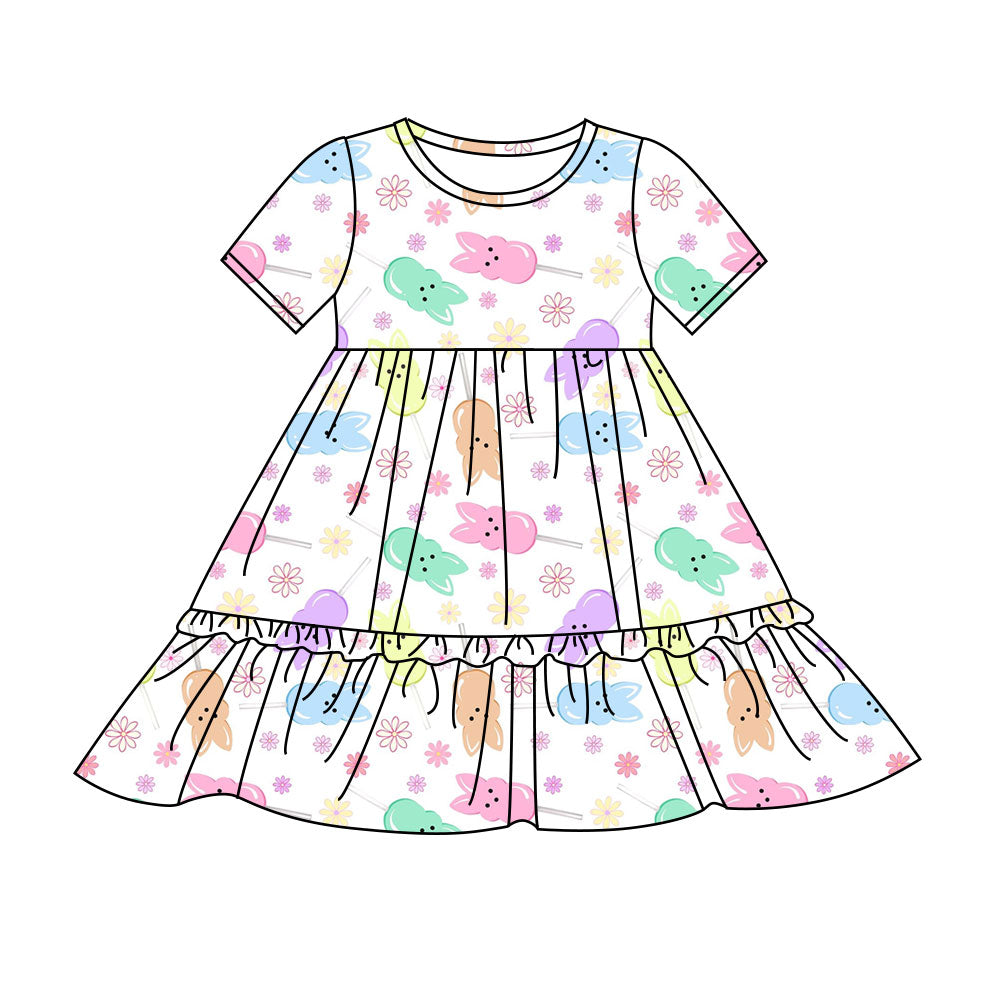 Preorder(moq 8)Baby Girls Colorful Flowers Rabbits Candy Easter Ruffle Knee Length Dresses