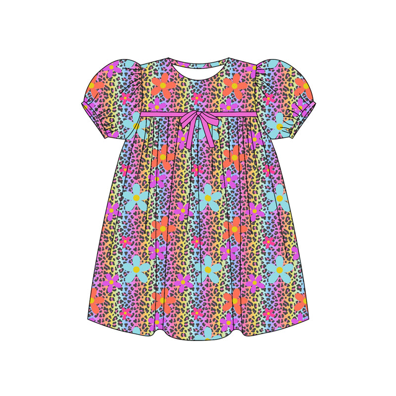 Preorder (moq 5)Baby Girls Short Ruffle Sleeves Colorful Leopard Flowers Knee Length Dresses