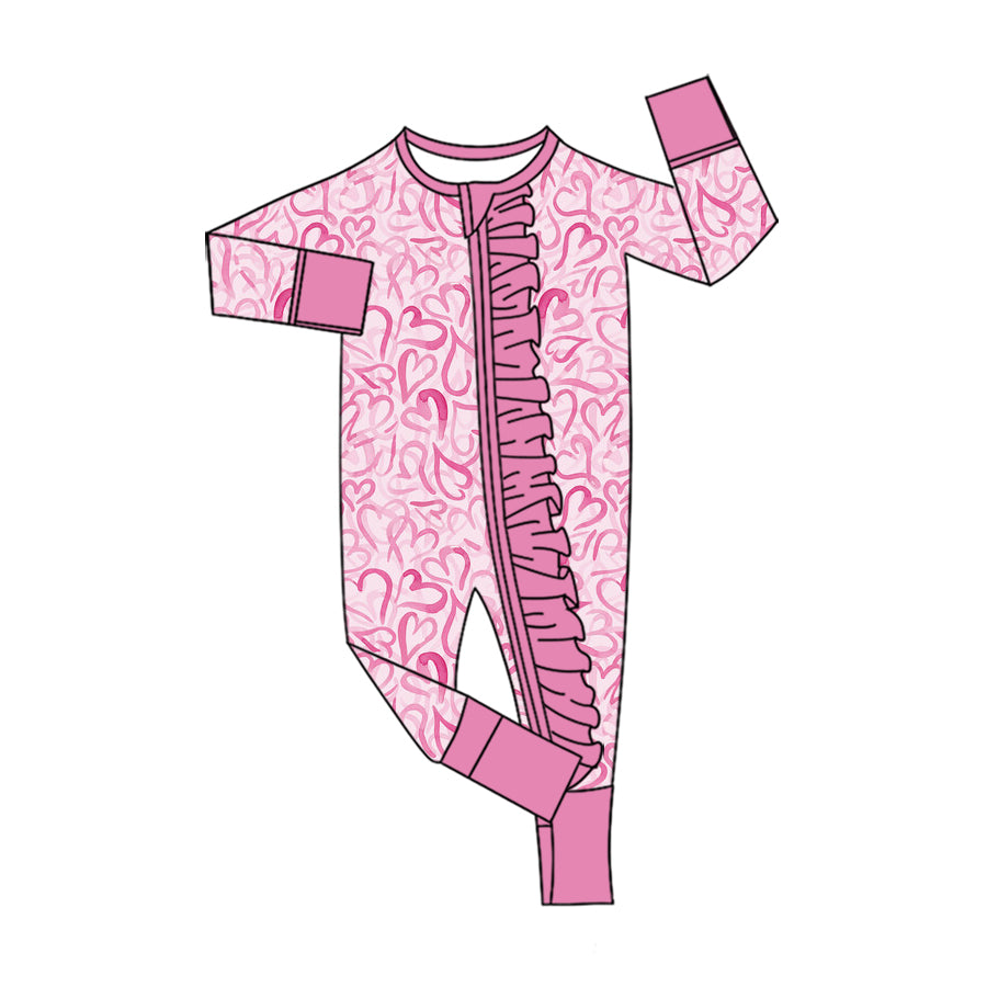 Preorder (moq 5) Baby Girl Clothes Pink Watercolor Heart Ruffle Trim Print Long Sleeve Zipper Romper