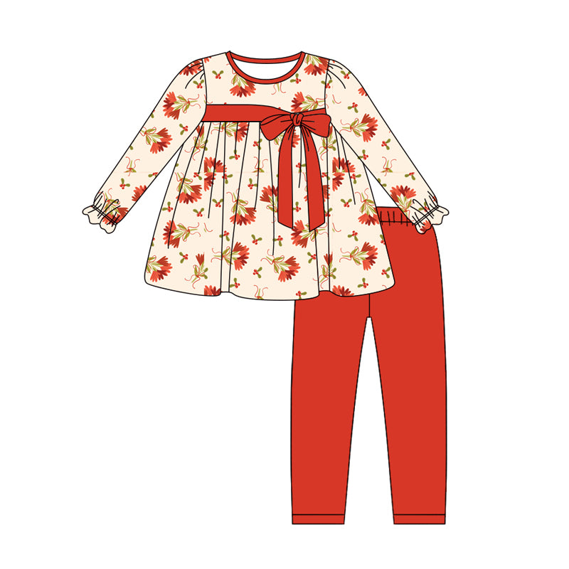Preorder (moq 5)Baby Girls Long Ruffle Sleeves Red Leaves Bows Tunic Legging Pants Sets