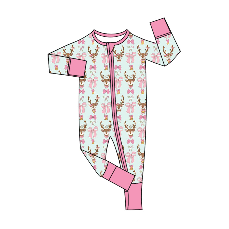 Preorder (moq 5)Baby Girls Candy Cane Deer Christmas Two Way Zip Convertible Rompers