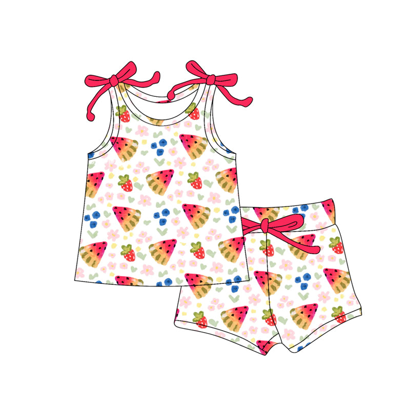 Preorder (moq 5)Baby Girls Bows Sleeveless Watermelon Flowers Vest Top Shorts Set