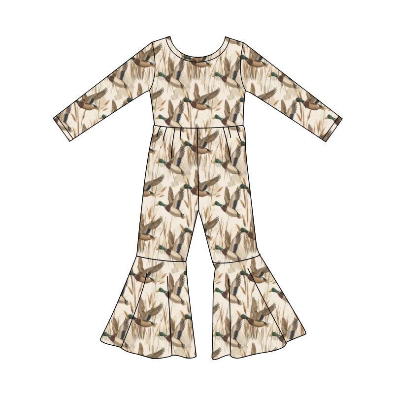 Preorder (moq 5)Baby Girls Long Sleeve Ducks Flowers Bell Bottom Jumpsuits