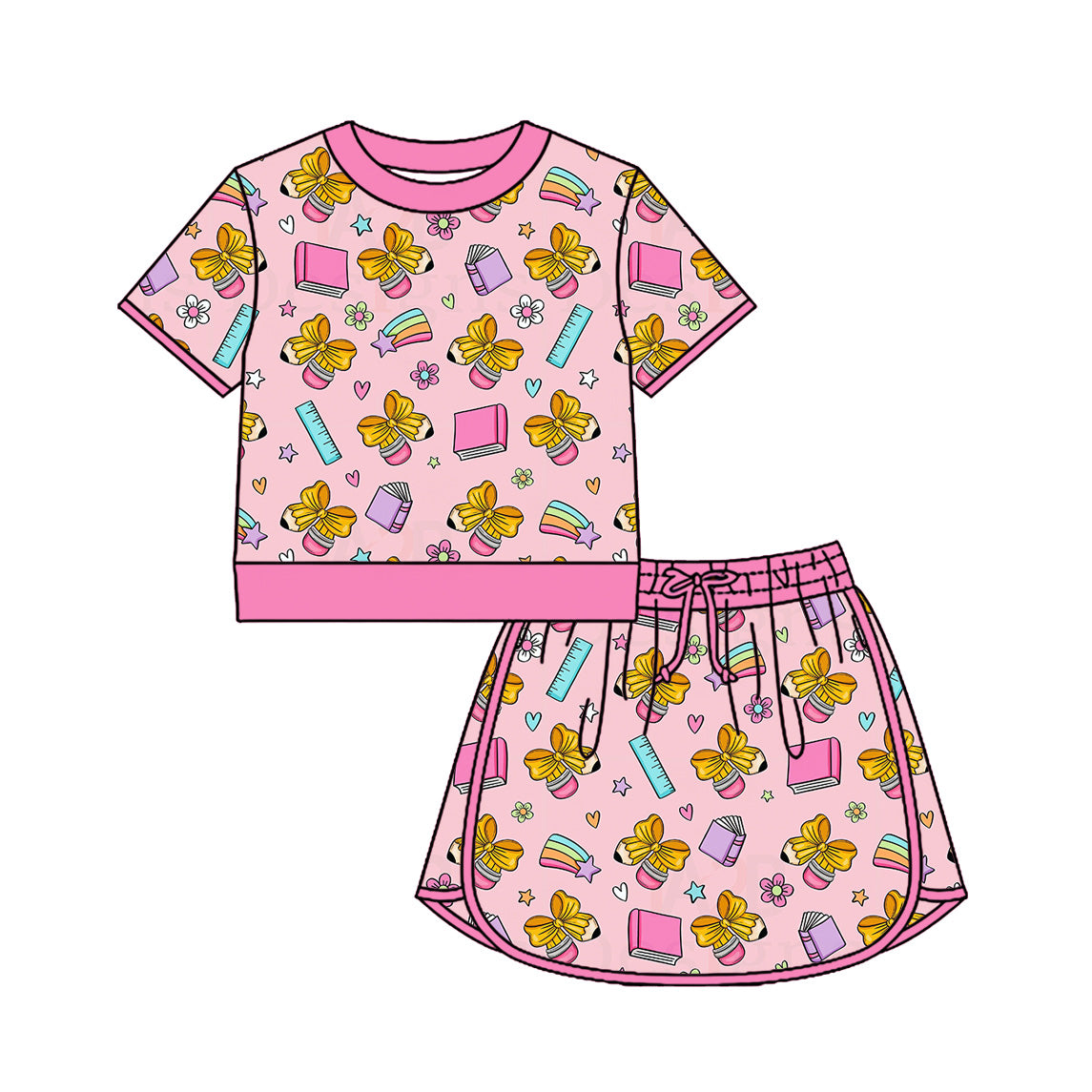 Preorder (moq 5)Baby Girls Pencil Bows Top Skirt Short Back to School Clothes Sets