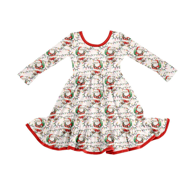 Preorder (moq 5)Baby Girls Santa Lights Plaid Christmas Ruffle Knee Length Dresses