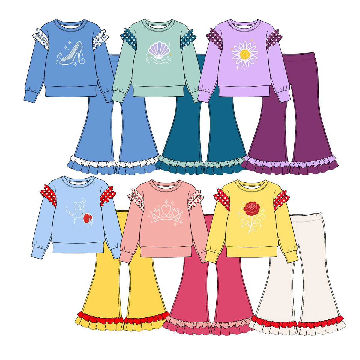 Preorder (moq 5) Baby Girl Clothes Red Rose Sparkle Print Long Sleeve Polka Dot Ruffle Sleeve Flare Pant Set