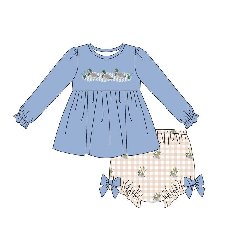 Preorder moq 5 Baby Girls Ducks Tunic Checked Bummies Hunting Clothes Set