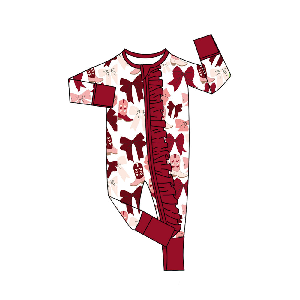 Preorder (moq 5)Baby Girls Dark Red Bows Boots Ruffle Zipper Footie Rompers