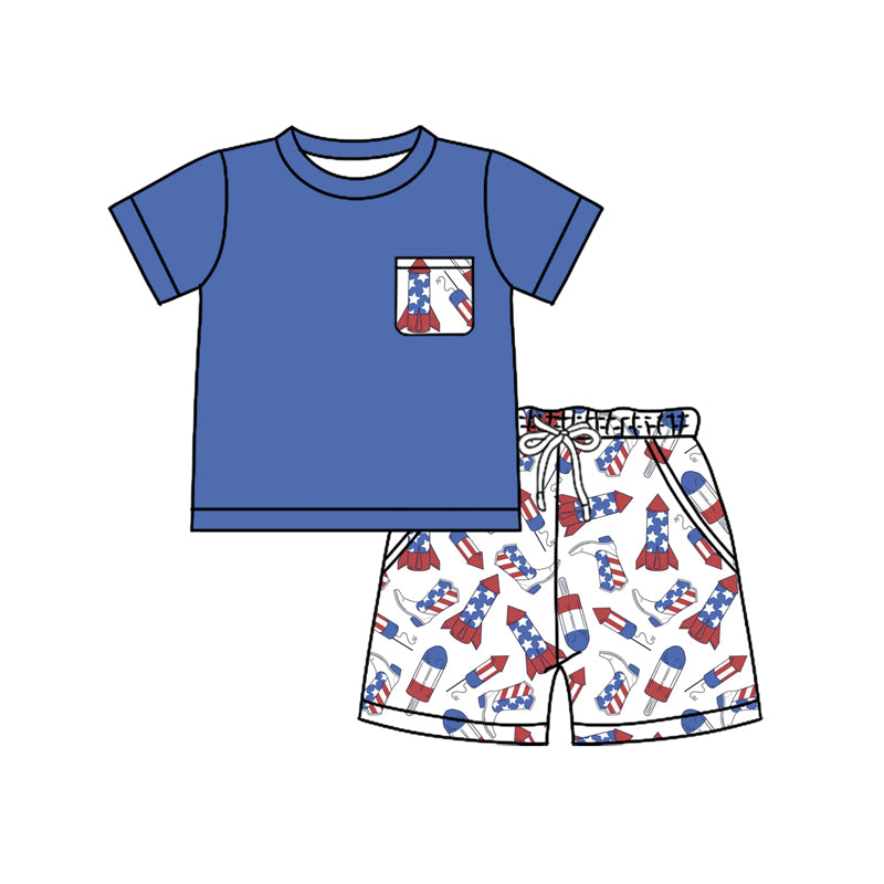 Preorder moq 5 Baby Boys Navy Short Sleeves Pocket Top Boots Firework Short 4th Of July Set
