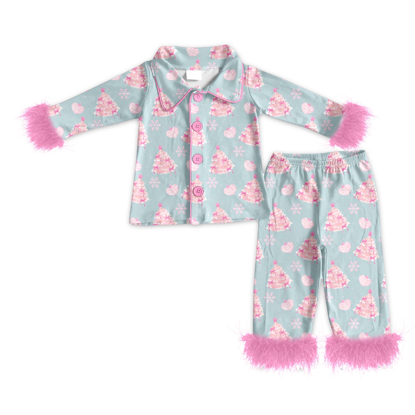 Preorder (moq 5)Baby Girls Long Sleeves With Fur Pink Snowflake Trees Top Pant Pajamas Set