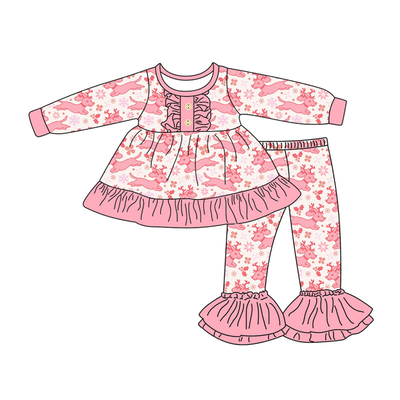 Preorder (moq 5)Baby Girls Long Sleeves Christmas Deer Holly Button Tunic Bell Bottom Pants Set