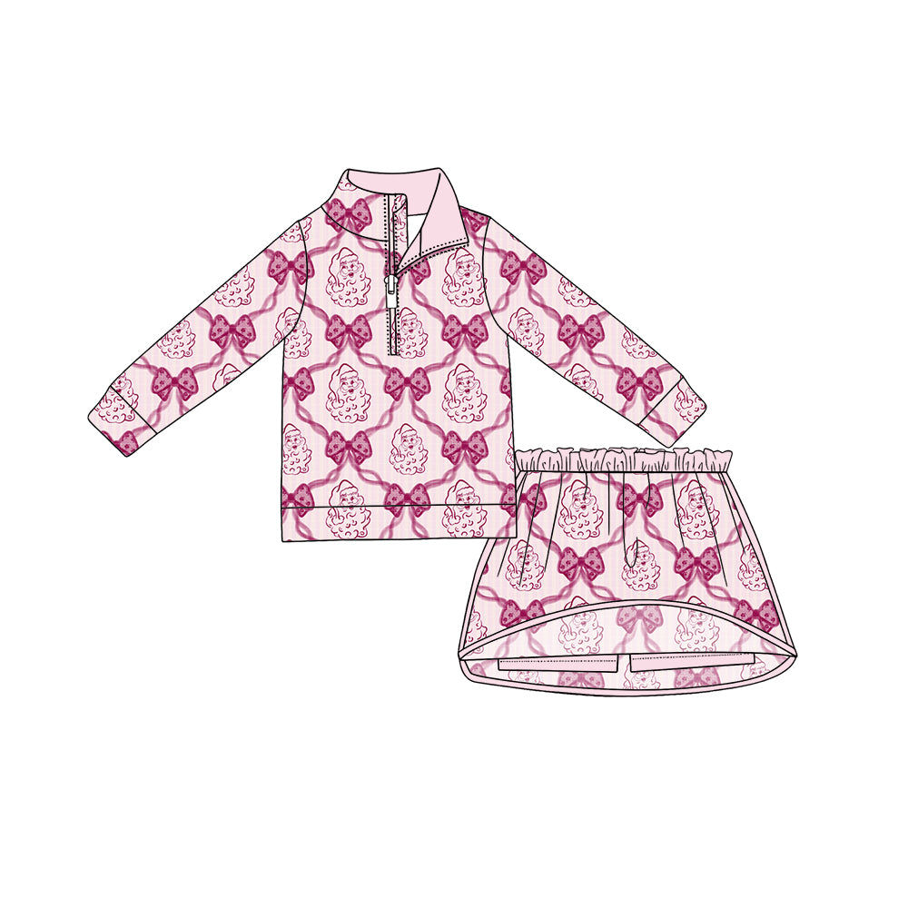 Preorder (moq 5)Baby Girls Santa Bows Checked Zip Pullovers Top Skirt Short Christmas Clothes Set