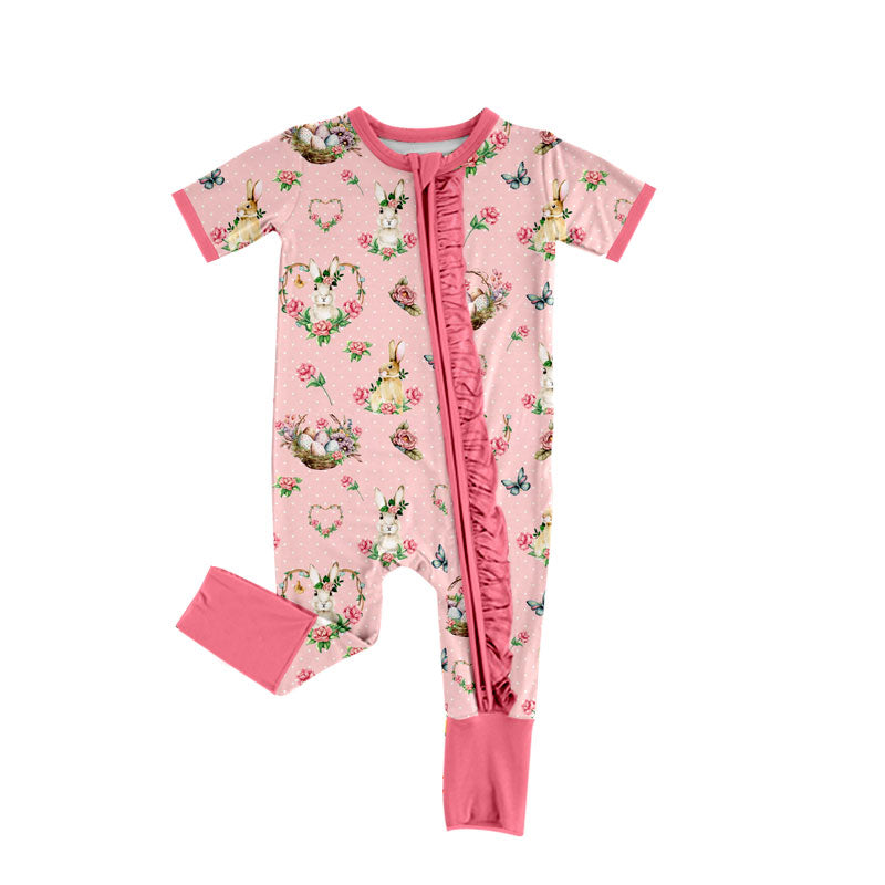 Preorder (moq 5) Baby Girl Clothes Easter Bunny Floral Butterfly Polka Dot Print Short Sleeve Zipper Ruffle Baby Romper