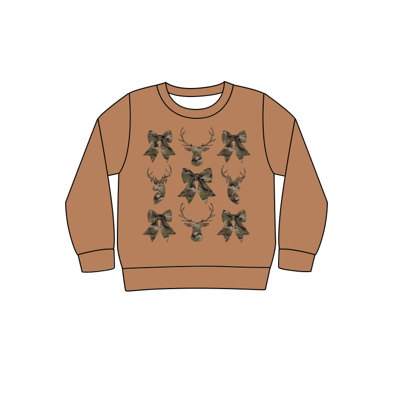 Preorder (moq 5)Baby Kids Brown Long Sleeves Bows Deer Western Tee Shirts Top