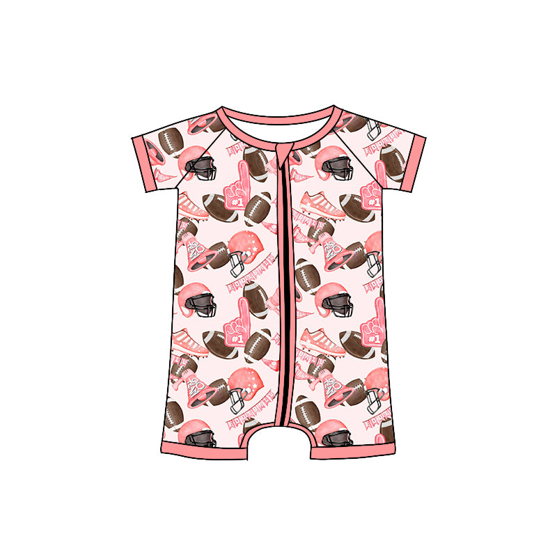 Preorder (moq 5)Baby Girls Pink Short Sleeves Footballs Flags Zipper Rompers