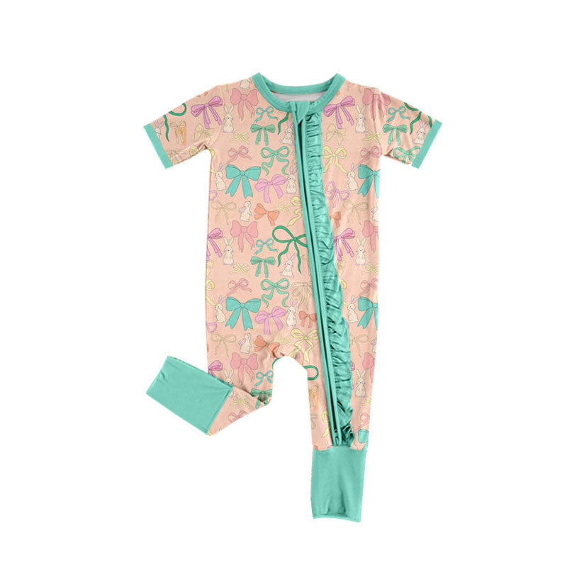 Preorder (moq 5)Baby Girls Colorful Bows Rabbits Easter Ruffle Zipper Footie Rompers