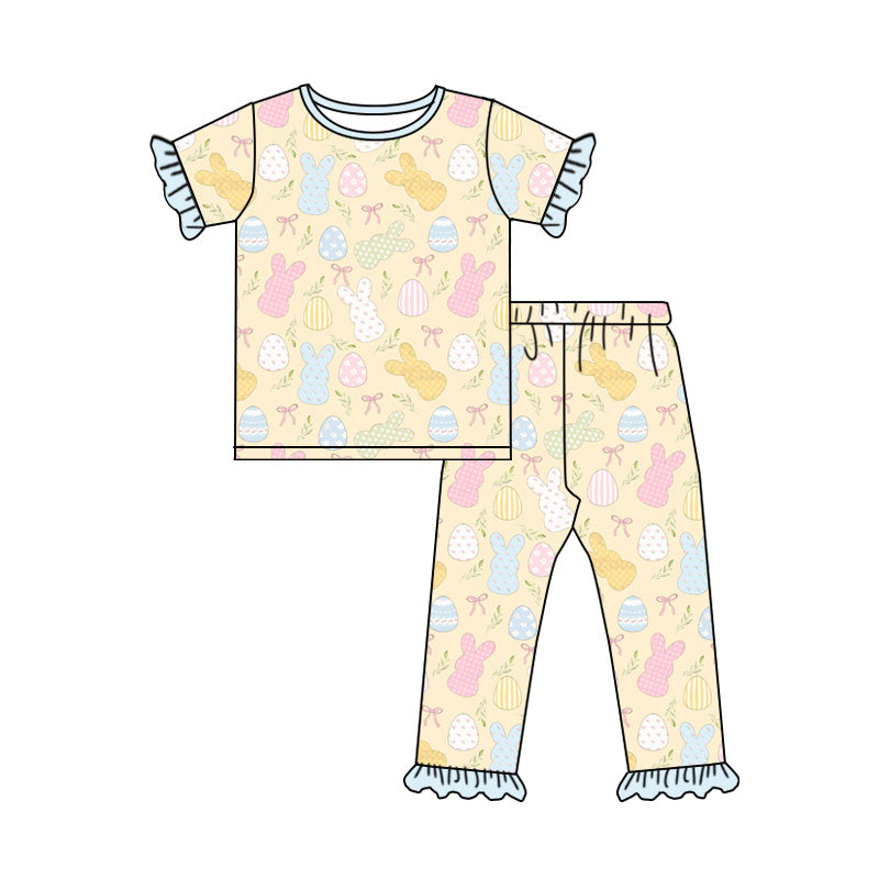 Preorder (moq5) Baby Girls Rabbits Eggs Bows Top Ruffle Pant Easter Pajamas Set