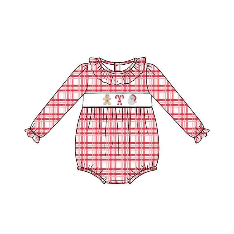 Preorder (moq 5)Baby Girls Gingerbread Santa Red Checked Christmas Ruffle Rompers