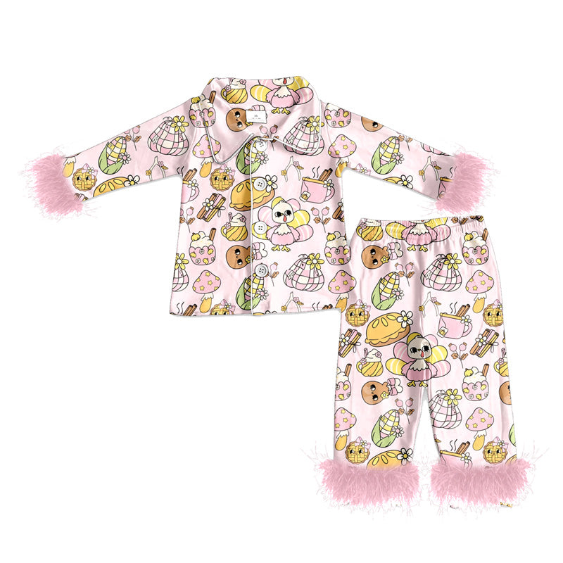 preorder(MOQ 5)Baby Girls Thanksgiving Pink Turkey Fur Top Pants Pajamas