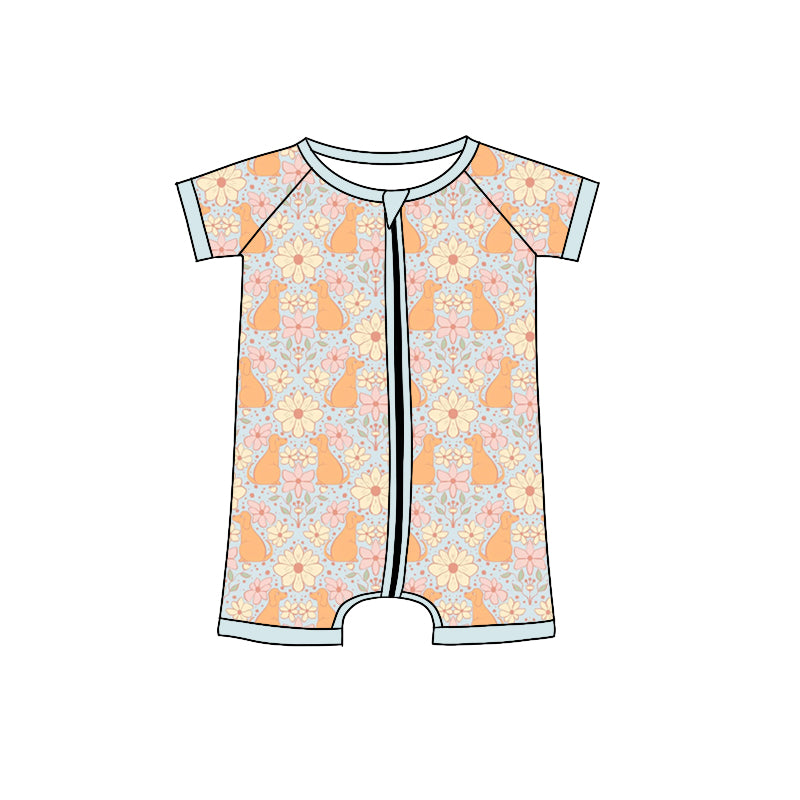 Preorder (moq 5)Baby Girls Colorful Daisy Flowers Dogs Zipper Shorts Rompers