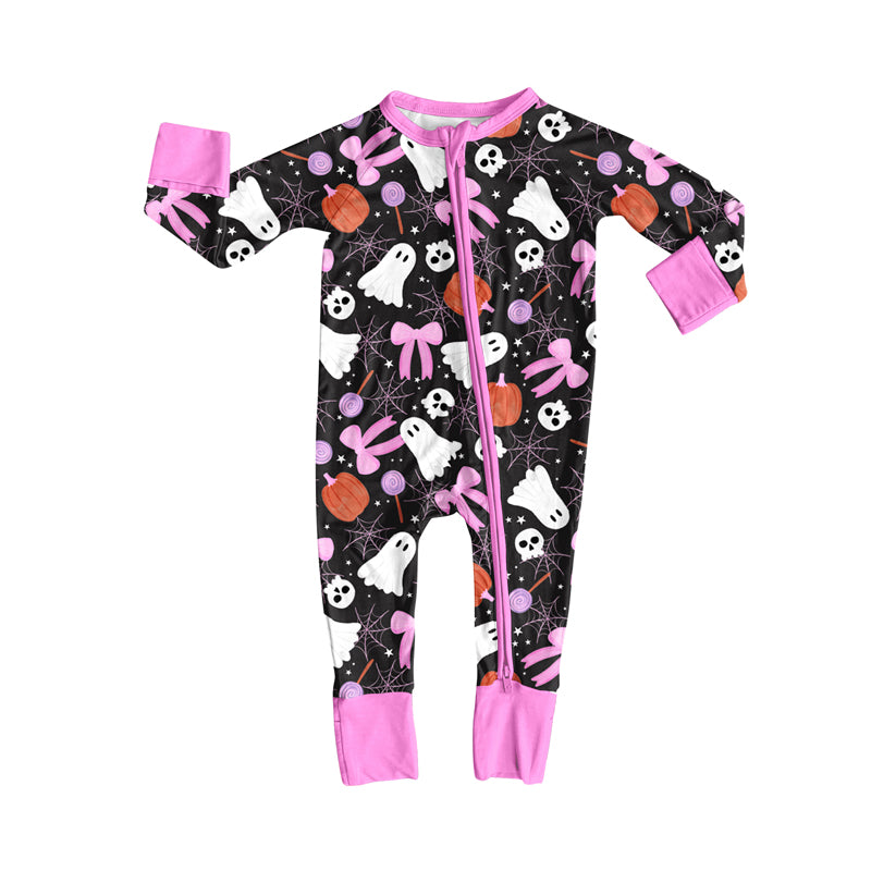 Preorder(moq 5)Baby Infant Boys Long Sleeves Bows Ghosts Halloween Zipper Rompers