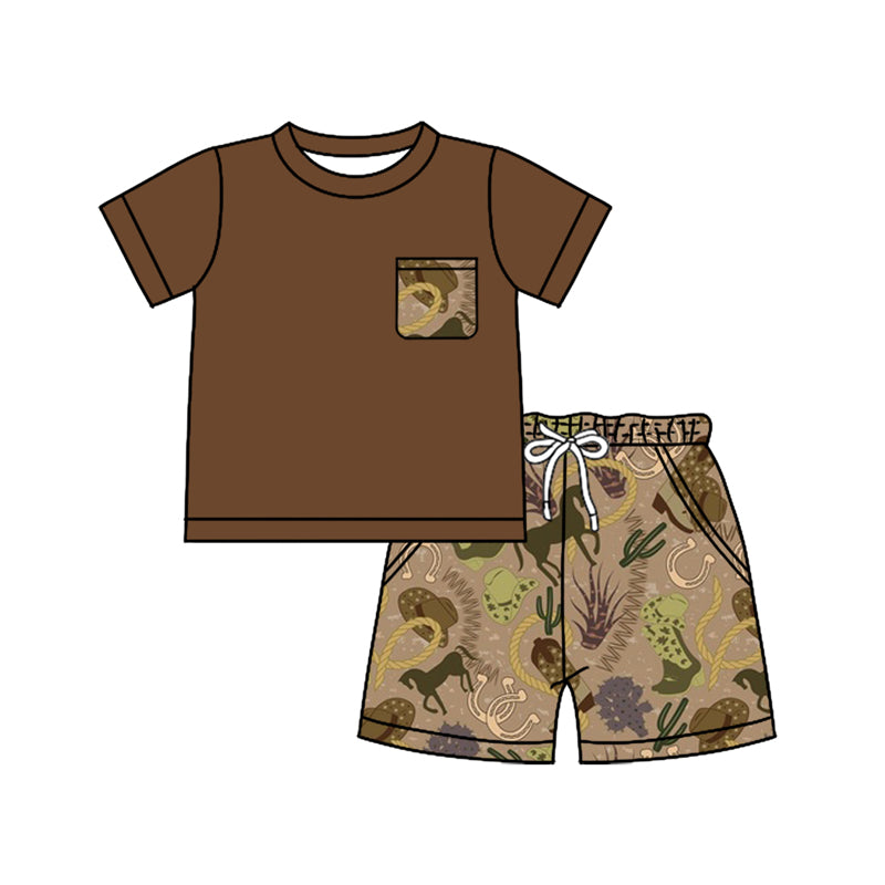 Preorder (moq 5)Baby Boys Olive Short Sleeves Pockets Top Horse Cactus Shorts Sets