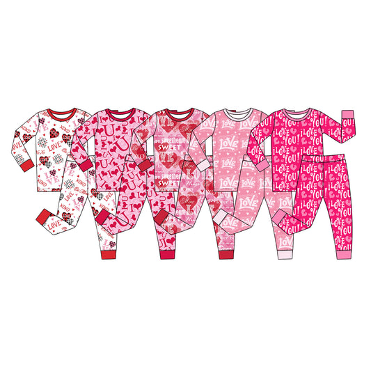 Preorder (moq 5) Baby Girl Clothes Valentine I Love You Bold Letter Heart Print Long Sleeve Pajama Set