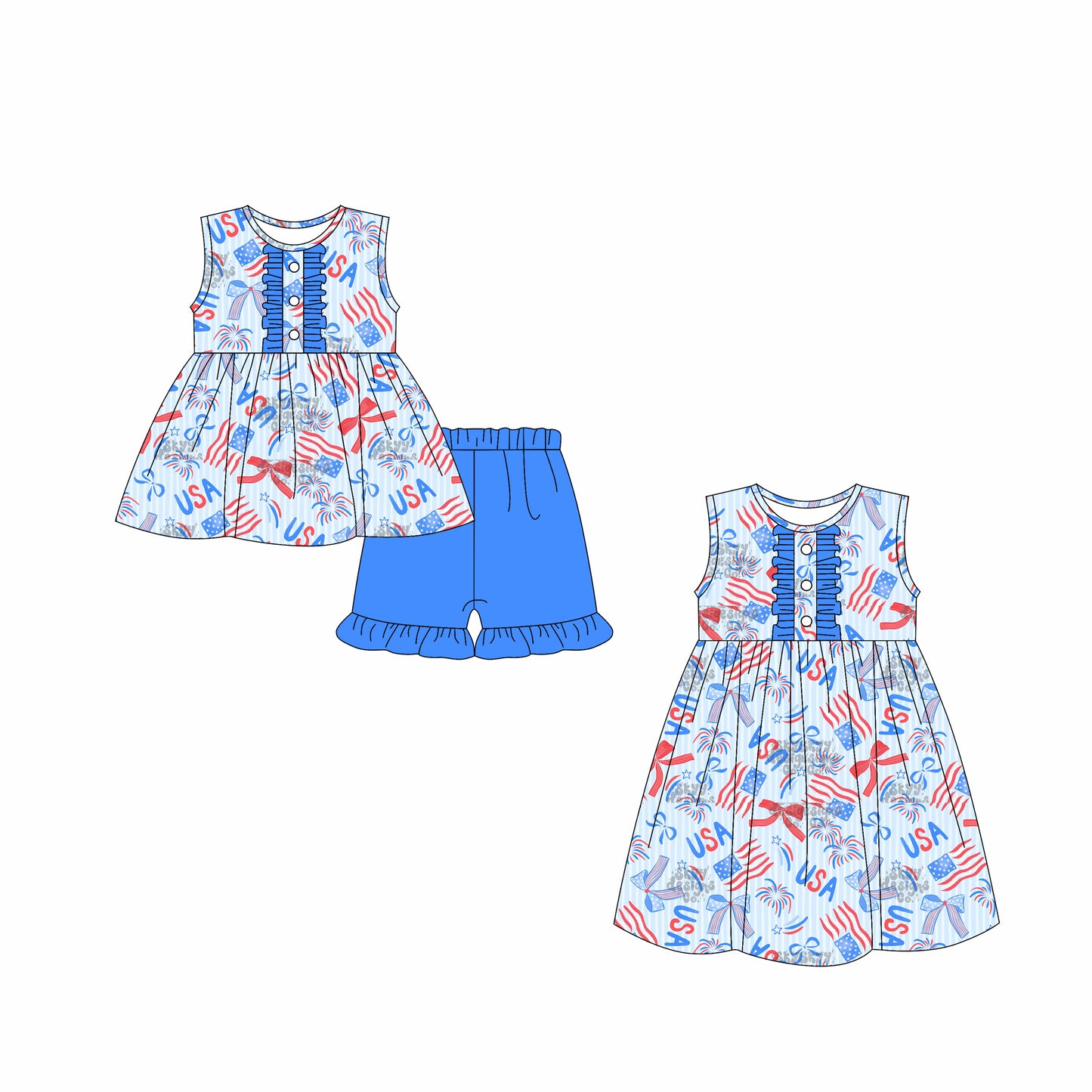 Preorder moq 5 Custom Baby Girls Button Blue Red Flags Fireworks Tunic Ruffle Short 4th Of July Set Knee Length Dresses
