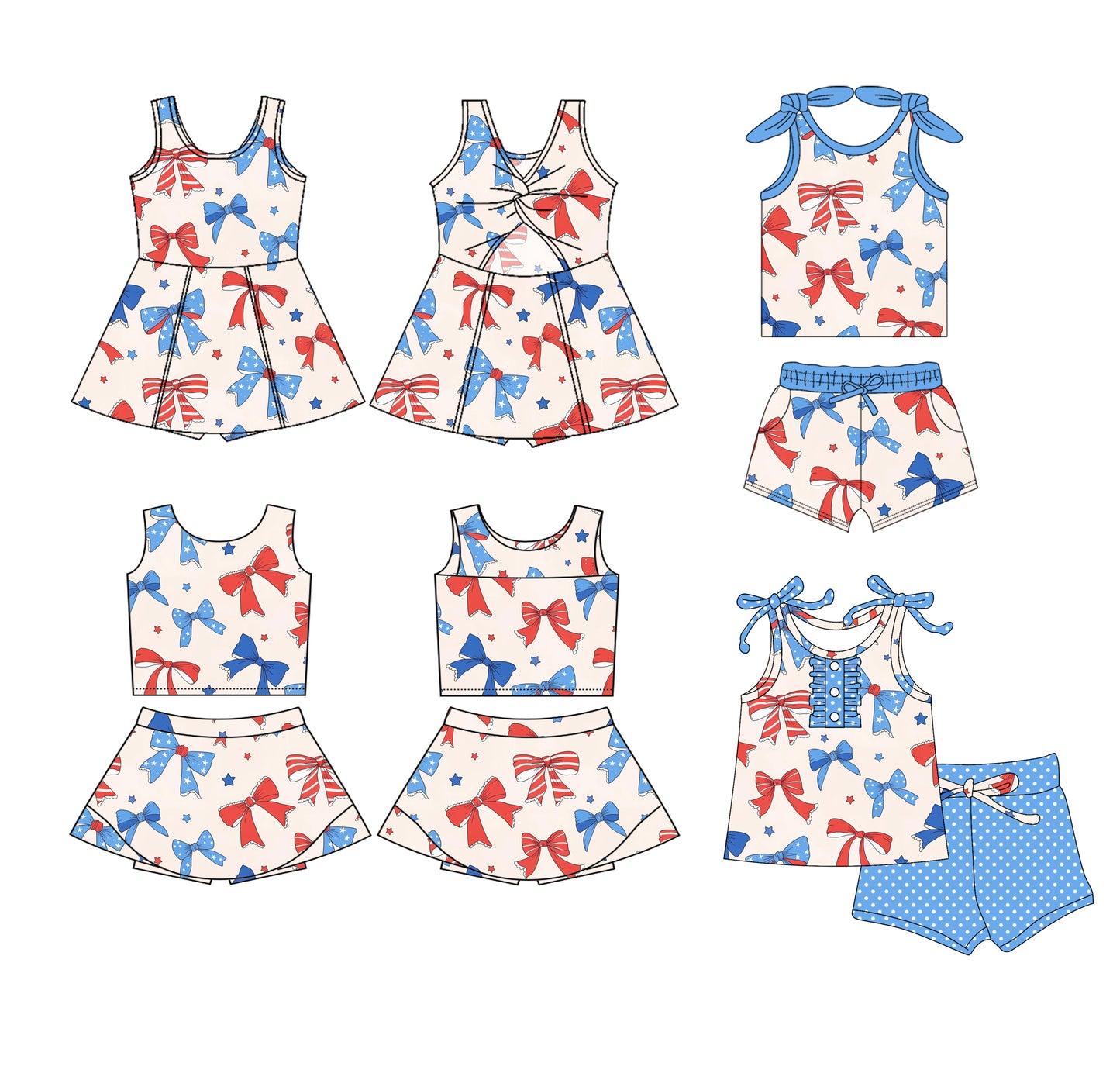 Preorder moq 5 Custom Baby Girls Blue Red Bows Stars Top Pockets Short 4th Of July Set Skort Knee Length Dress Button Polka Dots Set