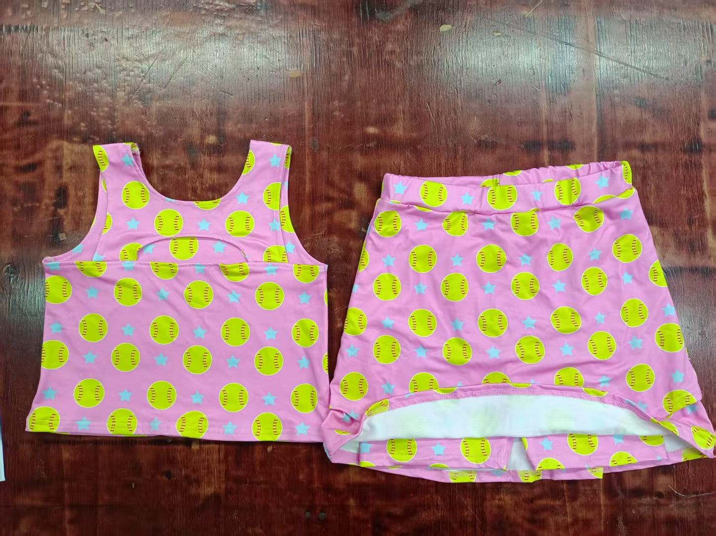 Preorder moq 5 Baby Girls Sleeveless Stars Baseballs Top Short Skirts Sets