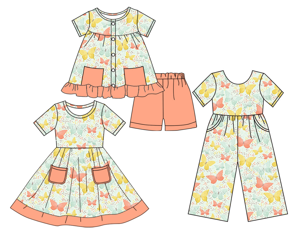 Preorder moq 5 Custom Baby Girls Peach Short Sleeves Button Butterfly Pockets Tunic Short Set Knee Length Dress Jumpsuits