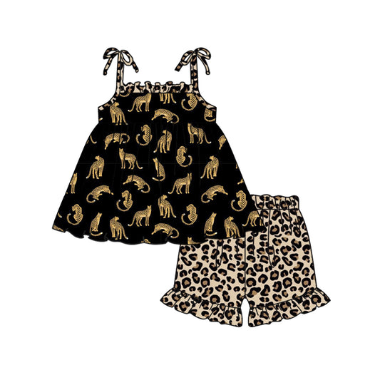 Baby Girls Straps Cheetah Tunic Top Ruffle Shorts Clothing Sets Preorder(moq 5)