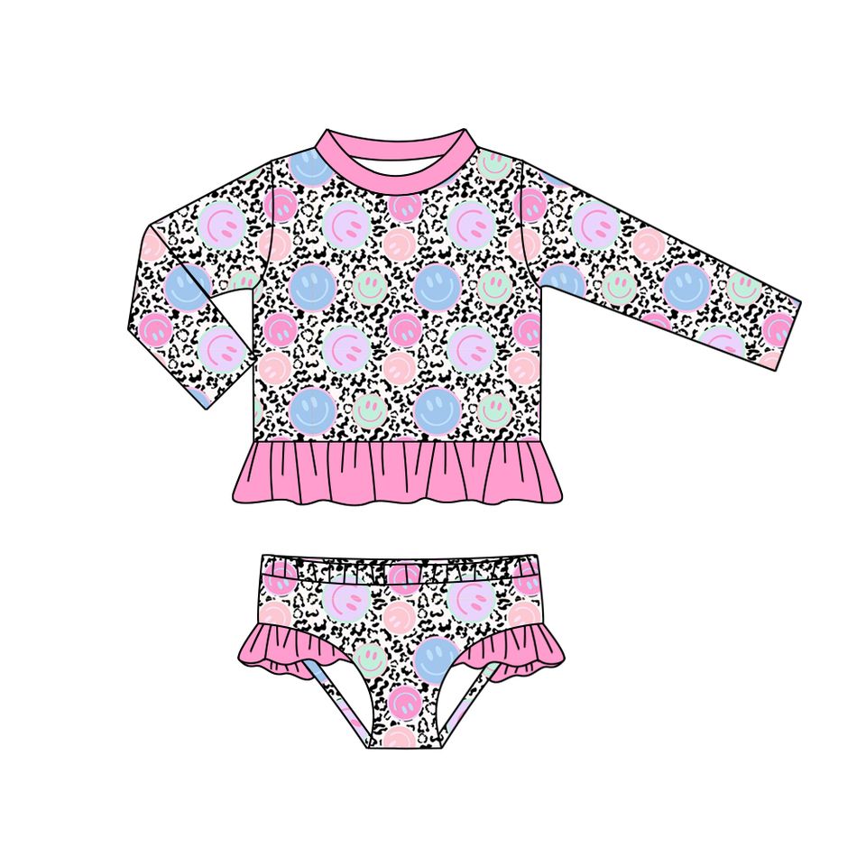 Baby Girls Smile Colorful Leopard Long Sleeve Top Bummie 2pcs Swimsuits preorder(moq 5)