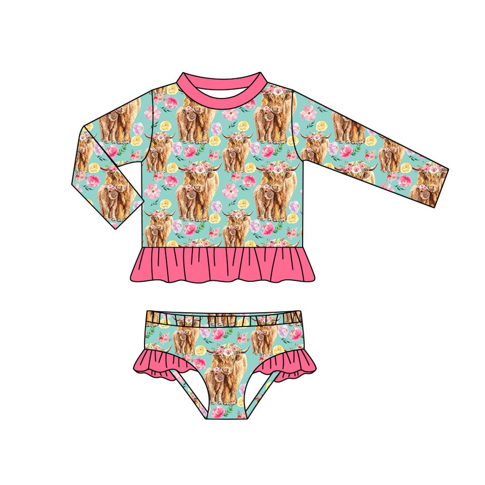 Baby Girls Highland Cow Flowers Long Sleeve Top Bummie 2pcs Swimsuits preorder(moq 5)