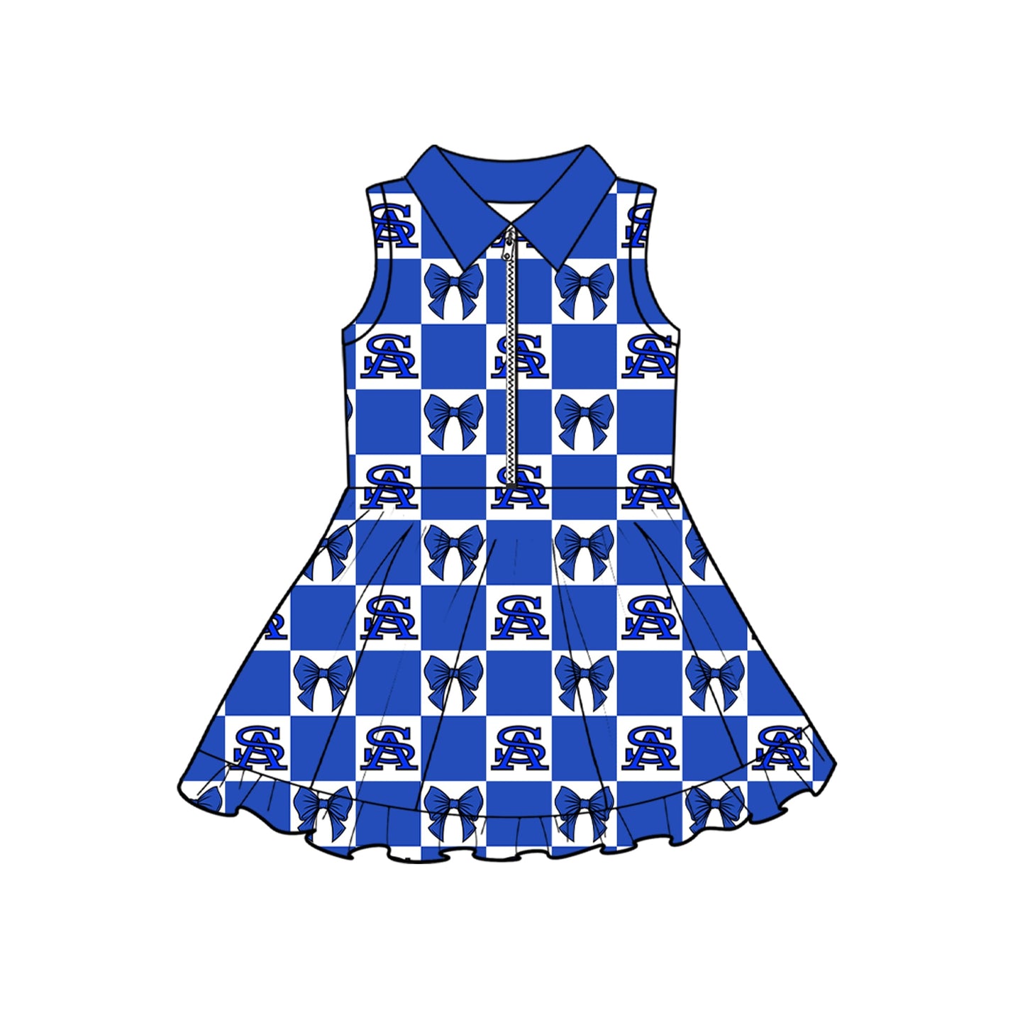 Preorder (moq 5)Baby Girls Blue Bows Raiders Checked Zip Team Knee Length Dresses