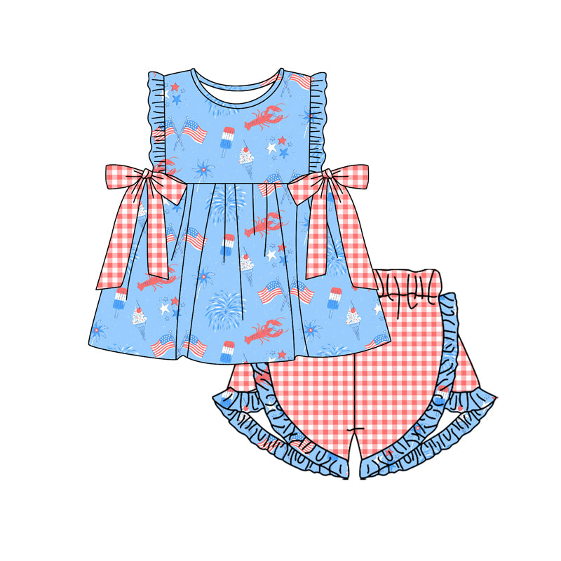 Preorder(moq 5)Baby Girls 4th Of July Flag Crawfish Top Ruffle Shorts Clothes Sets