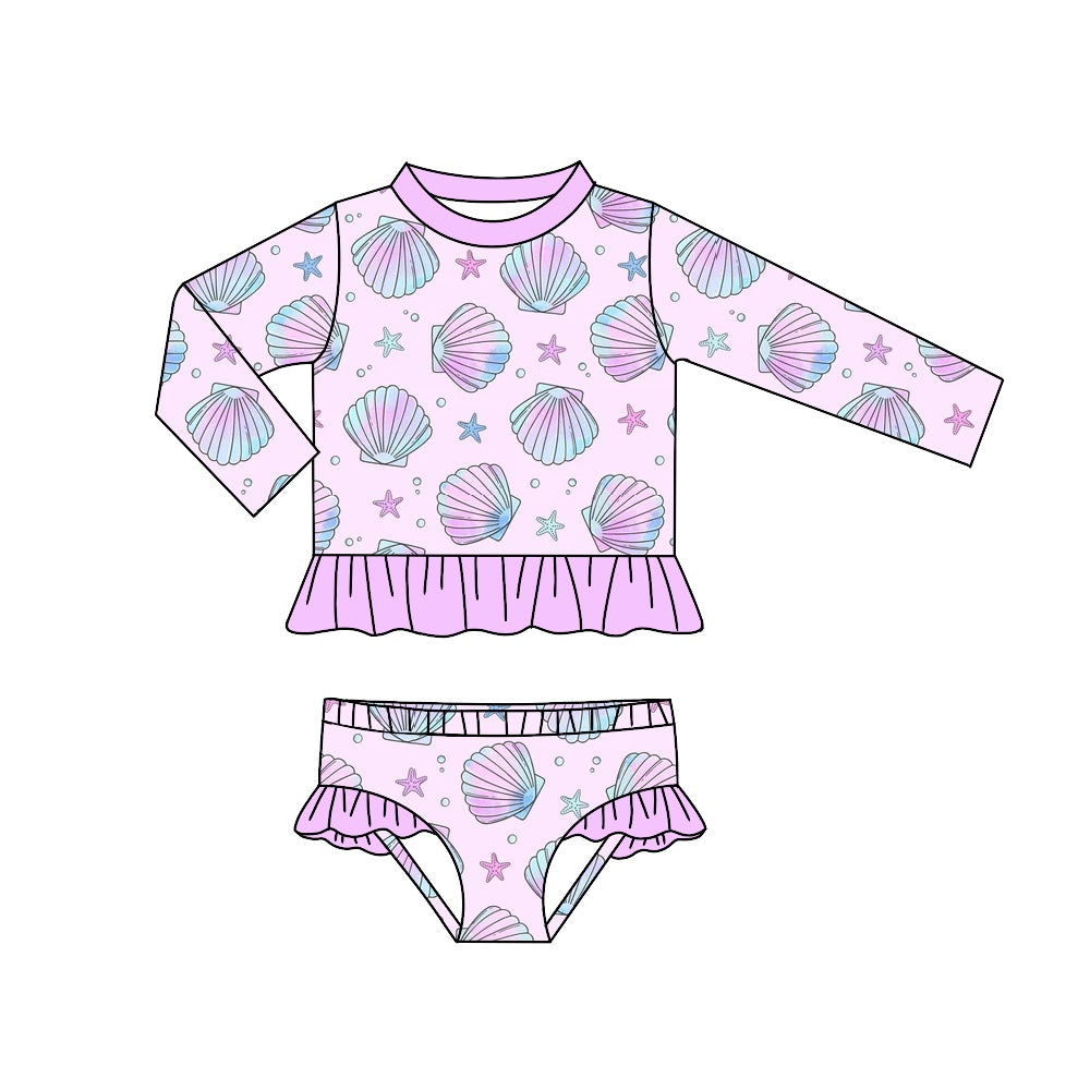 Baby Girls Lavender Shell Long Sleeve Top Ruffle Bummie 2pcs Swimsuits preorder(moq 5)
