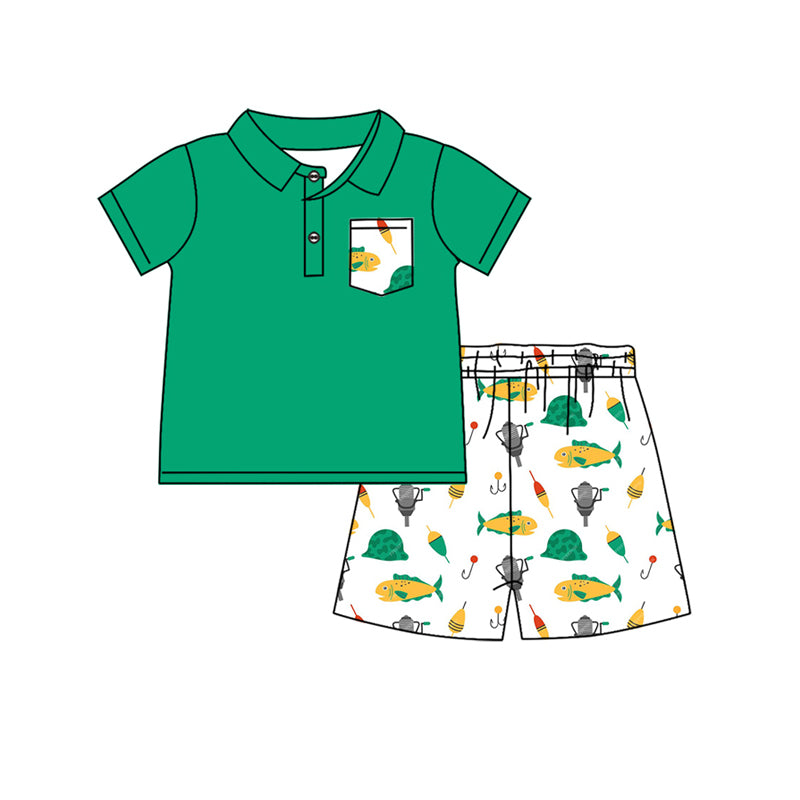Preorder (moq 5)Baby Boys Green Pocket Top Fishing Shorts Clothes Sets