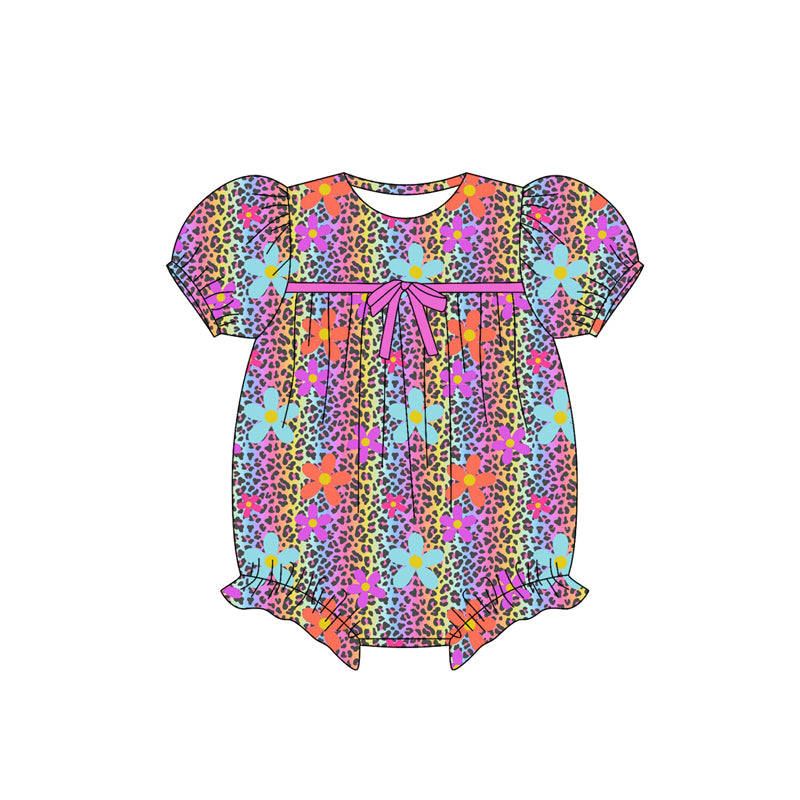 Preorder (moq 5)Baby Girls Short Ruffle Sleeves Colorful Leopard Flowers Rompers