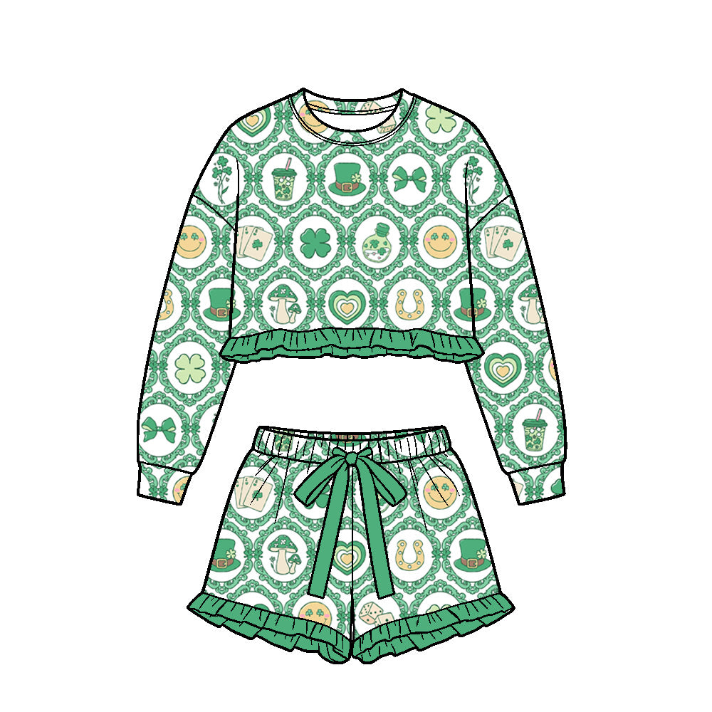 Preorder (moq5) Baby Girl Clothes St Patrick’s Day Clover Vintage Frame Print Long Sleeve Cropped Ruffle Top Ruffle Short Set