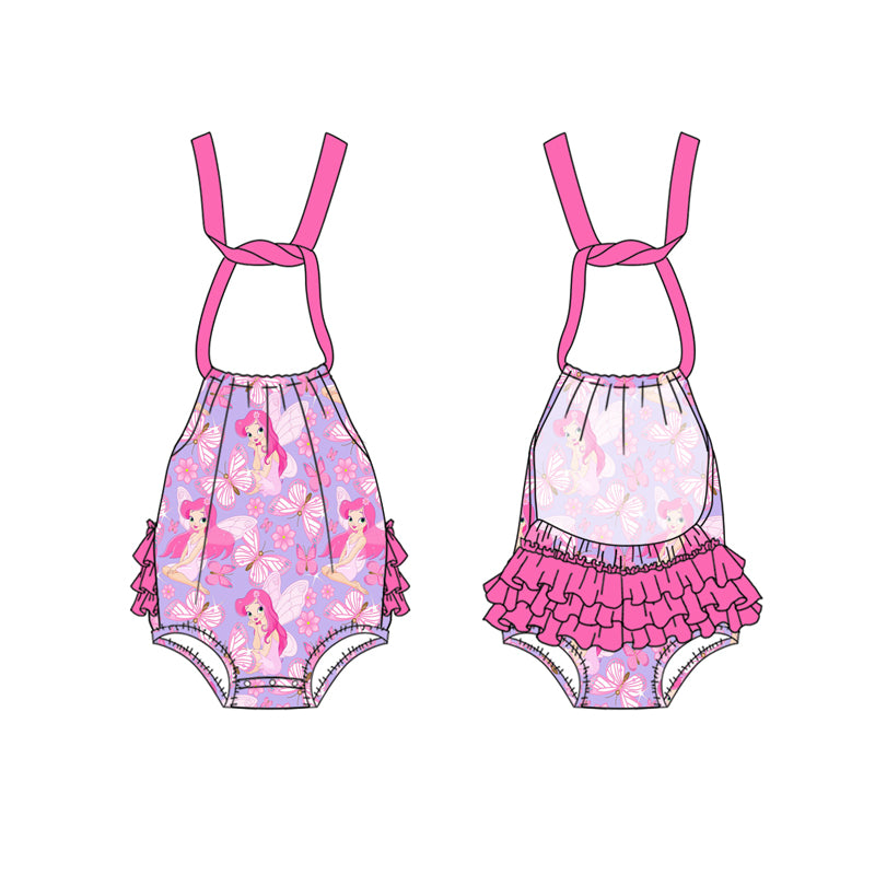 Preorder(moq 5)Baby Infant Girls Pink Strap Butterfly Princess Bubble Rompers